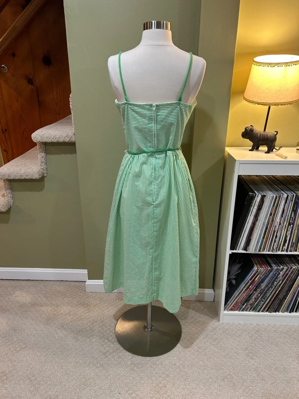 Vintage 70s 80s Green Striped Sundress Floral Embroidered Cottagecore M - Picture 5 of 10